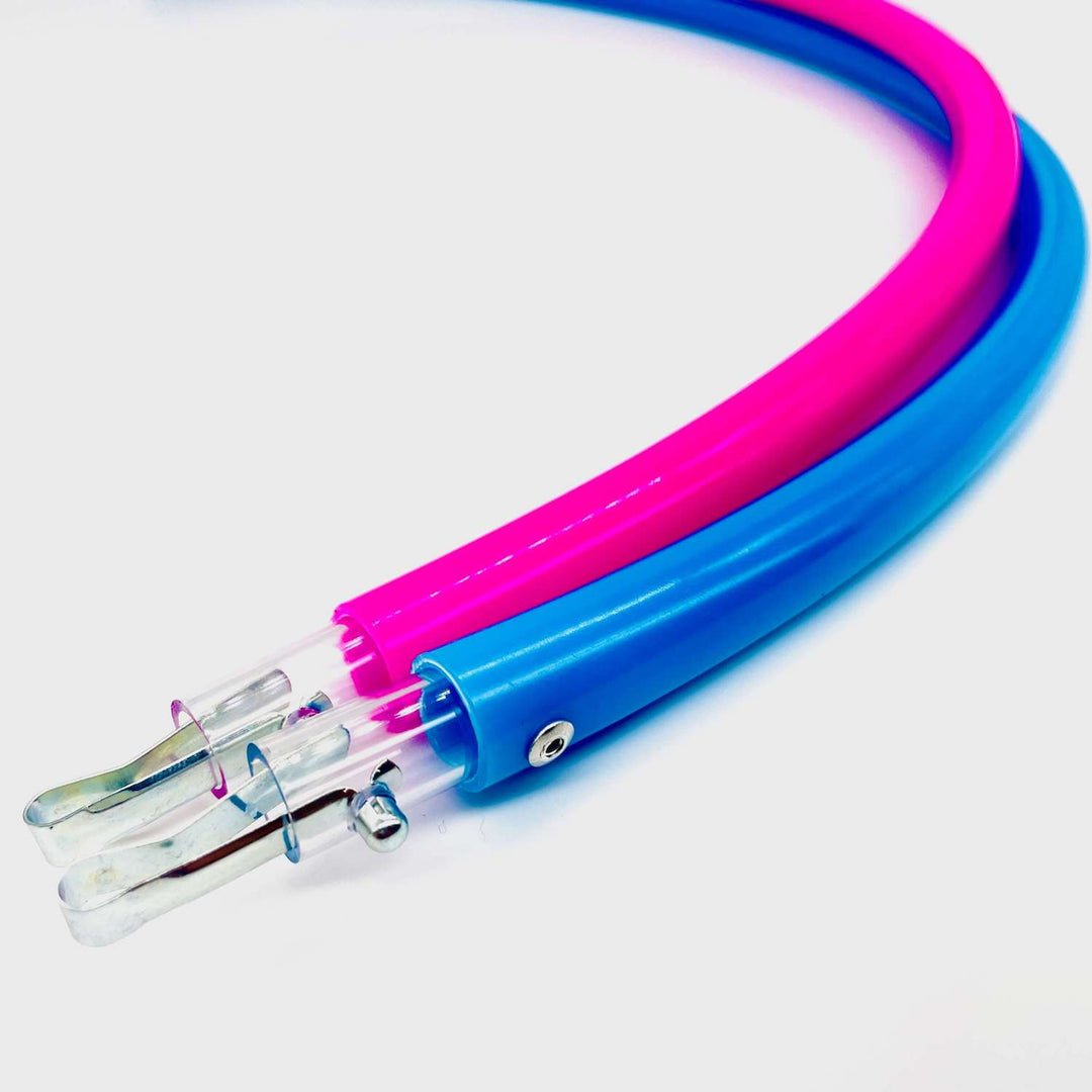 Nuclear pink and Bio blue sectional hula hoop. 2 pieces on a white background