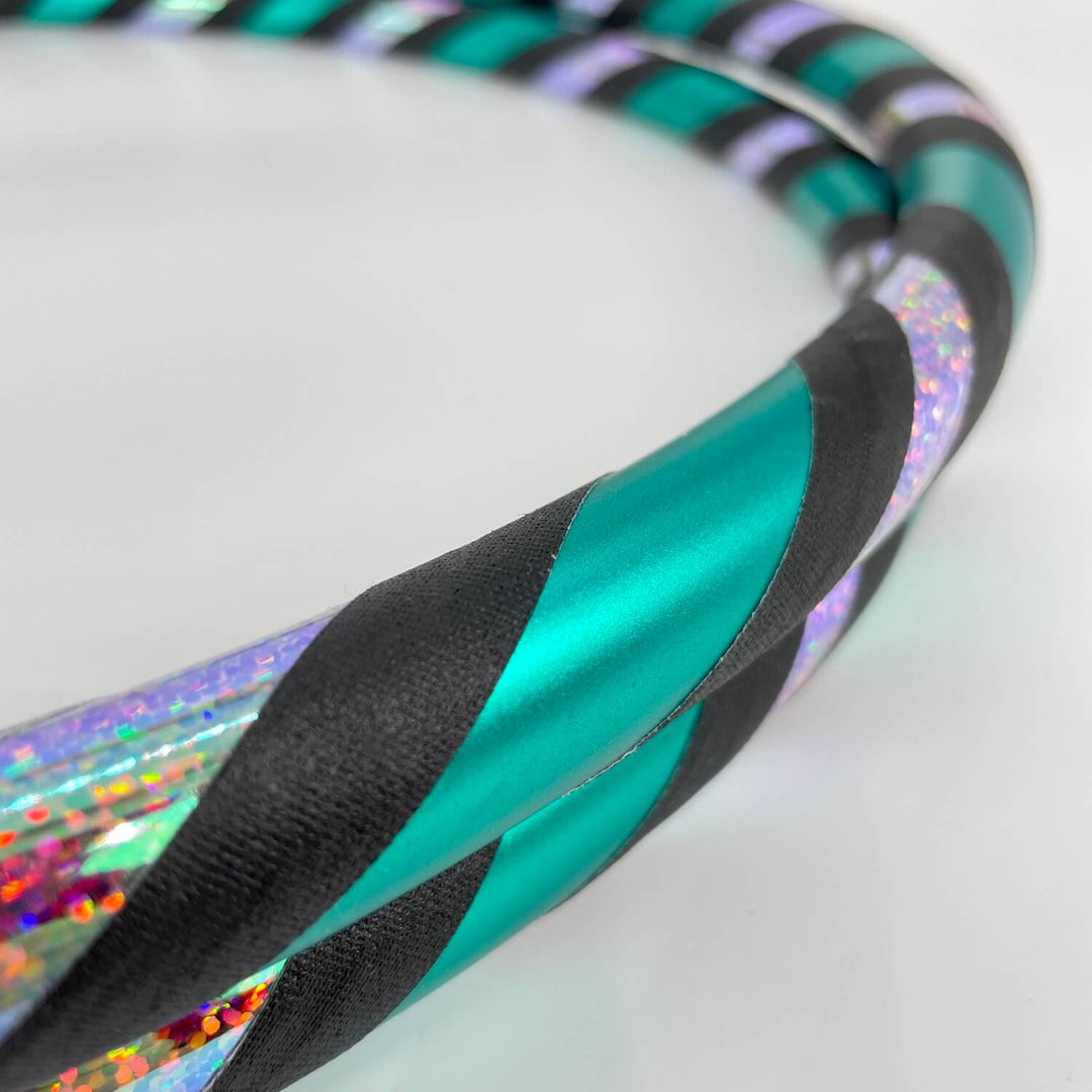 teal satin and silver holographic striped travel hoop