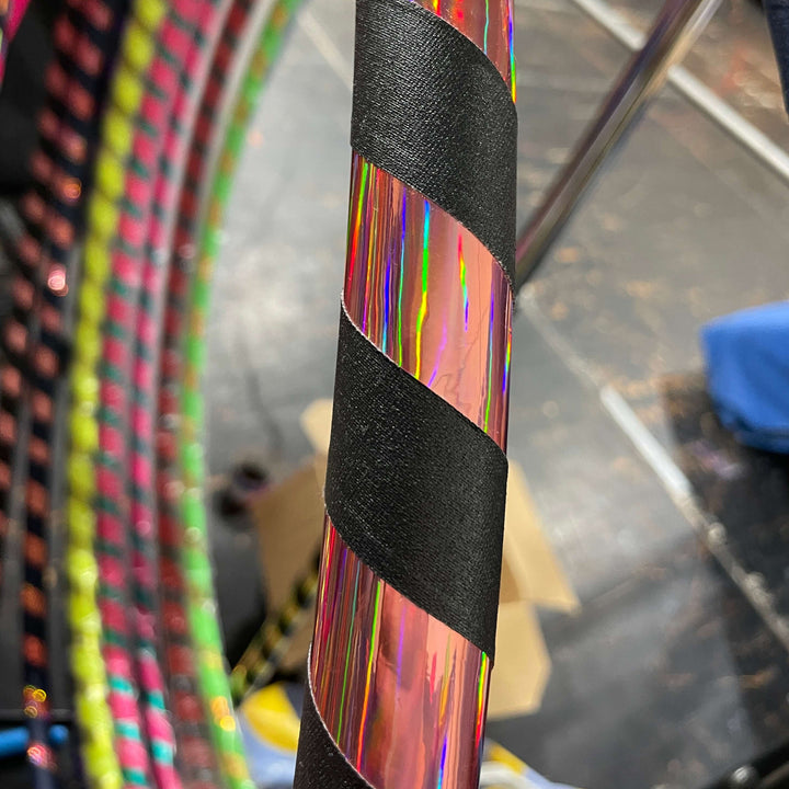 Adult beginner hula hoop in rose gold holographic tape and black gaffer tape